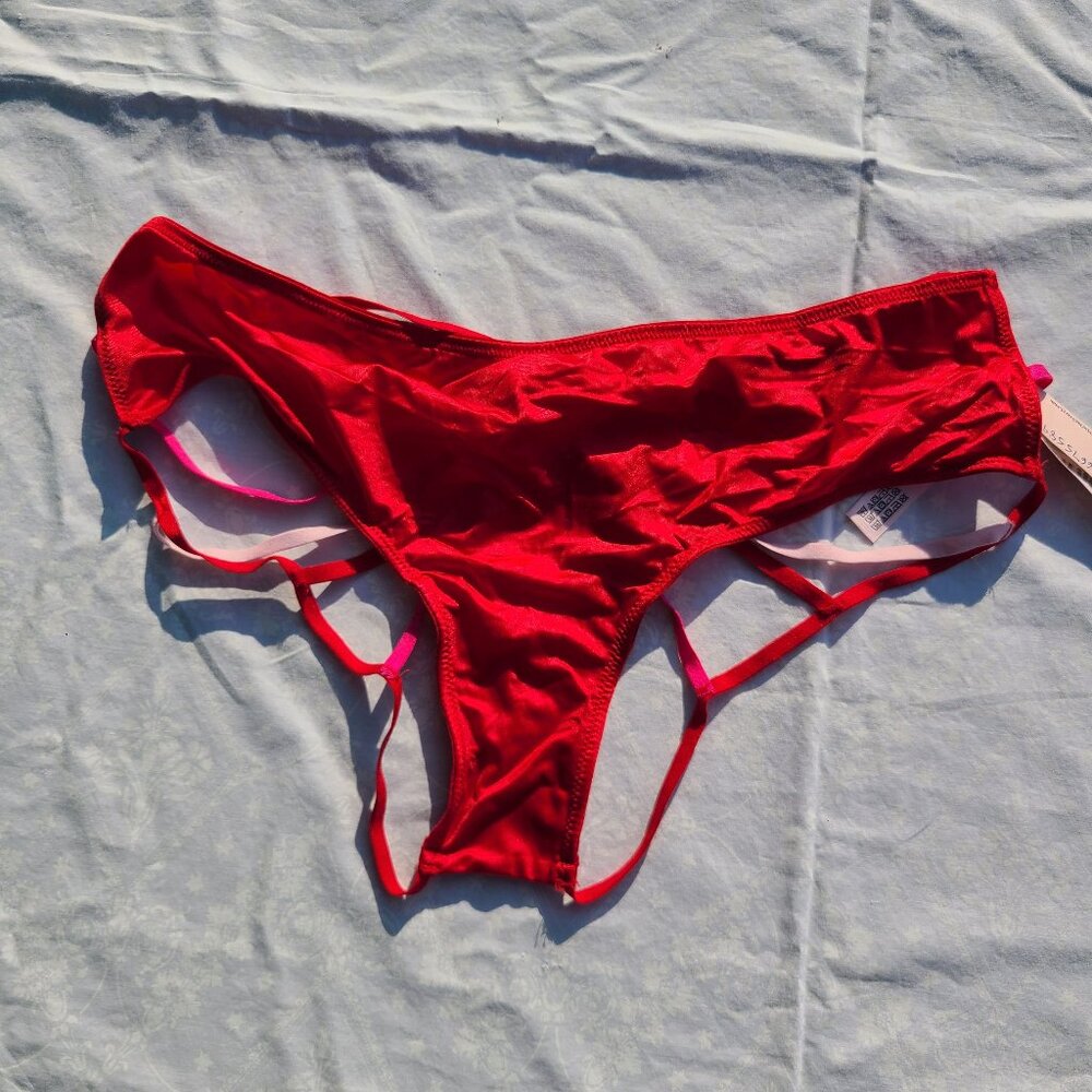 Two Victorias Secret Silk String Panties - Pink Lace Rose Heart - Size Small